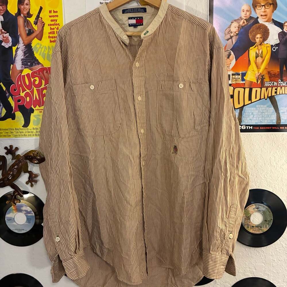 Vintage Tommy Hilfiger Brown Striped Long Sleeve Button-Up Shirt with Crest Logo